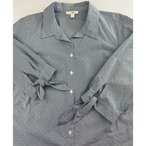 Roz & Ali Womens Blue White Striped Pintuck Blouse Bow Sleeve Button Up Shirt 1X